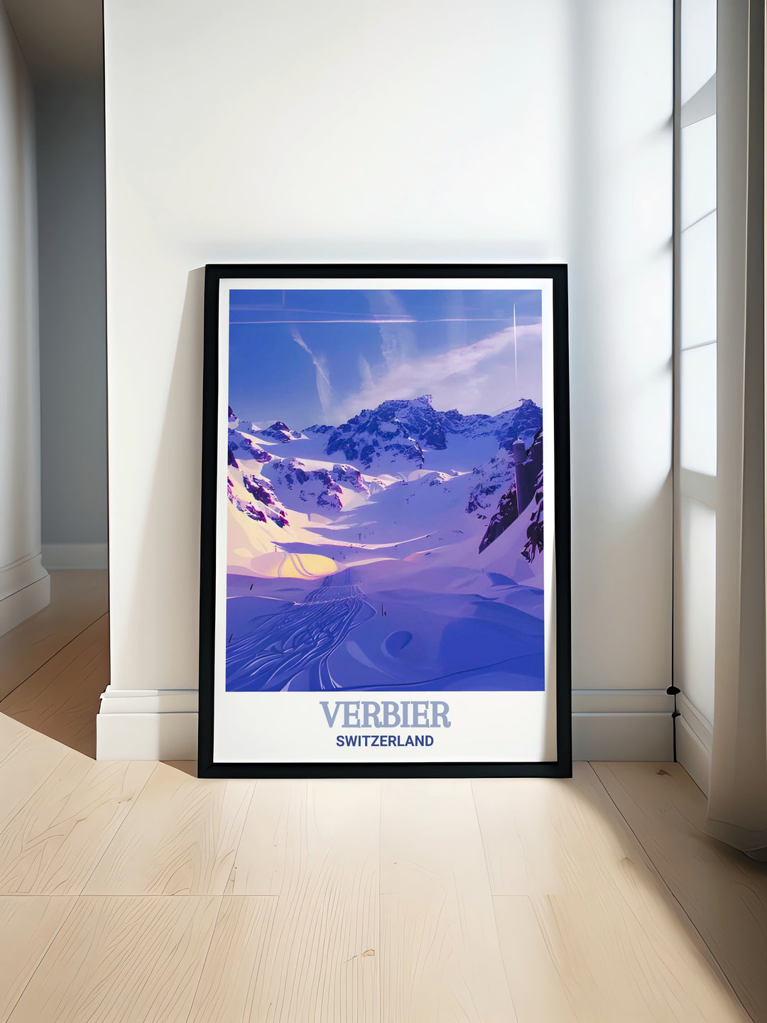 A Swiss Alps travel poster featuring Verbiers iconic Mont Fort, this artwork brings the dramatic beauty of Switzerlands mountains into your home. Perfect for adventurers and alpine enthusiasts, this framed print captures the spirit of Verbier skiing.