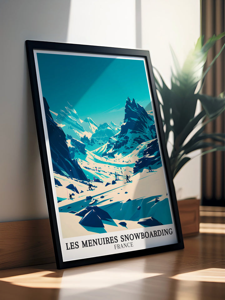 Stunning Les Menuires Three Valleys Snowboarding Poster perfect for fans of skiing and snowboarding featuring dynamic imagery of the French Alps slopes this artwork makes a stylish addition to any room
