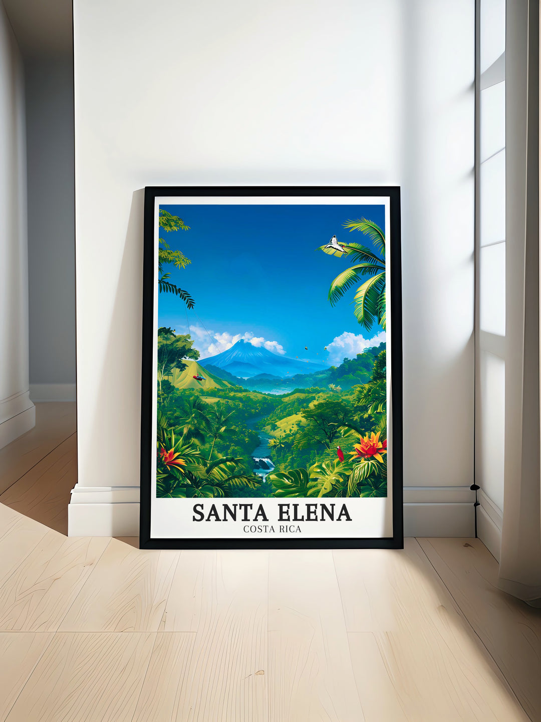 Stunning artwork of Arenal Volcano and Santa Elena Cloud Forest in Costa Rica. This modern wall art brings the natural beauty of Costa Rica into your living room with vibrant colors and breathtaking details perfect for any nature lover or travel enthusiast.