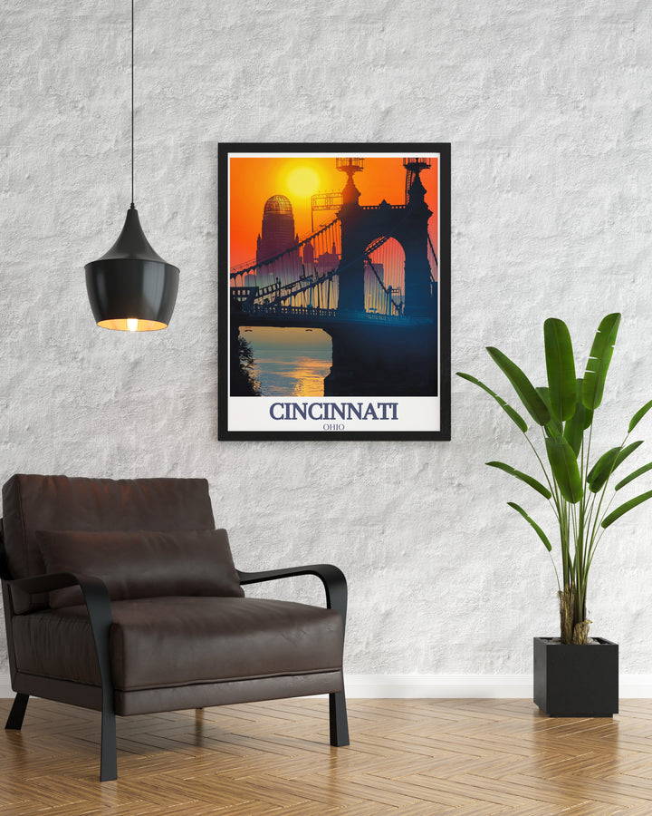 Cincinnati Decor with Roebling Suspension Bridge and Great American Building in a sleek black and white city print design perfect for adding a modern touch to living room decor or for gifting on special occasions such as anniversaries birthdays or Christmas