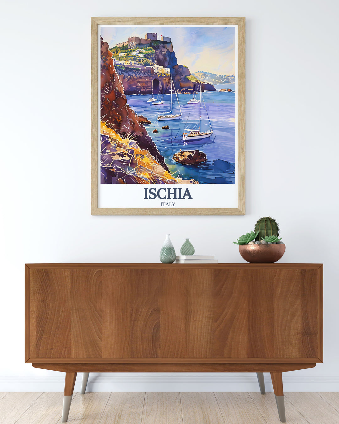 This vibrant Ischia travel print beautifully portrays Aragonese Castle and the sweeping Maronti Beach. A must have for those looking to bring a piece of Italy into their homes, it combines fine line details with a soft color palette for a timeless look.