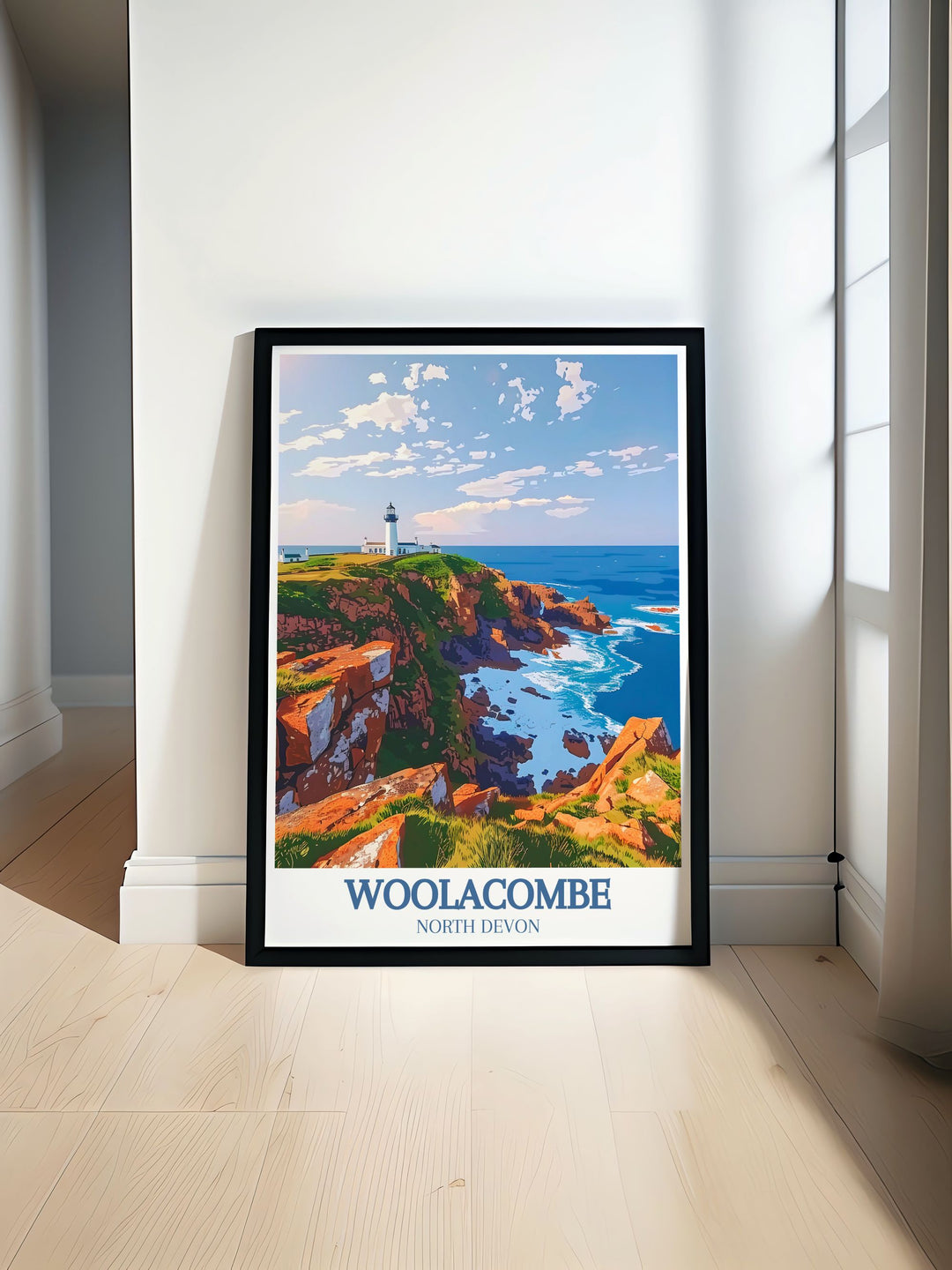 Stunning print of Morte Point and Bull Point Lighthouse capturing the serene beauty of Devon perfect for modern home decor and living room decoration ideal gift for anyone who loves coastal landscapes and the peaceful ambiance of Woolacombe