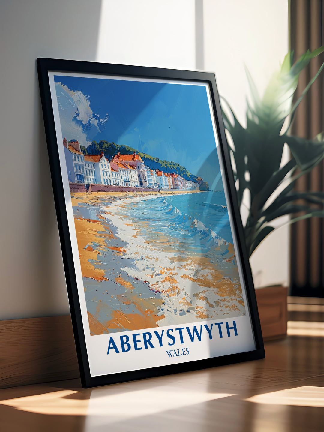 This travel poster brings the charm of Aberystwyths waterfront into your home. With detailed illustrations of the towns promenade and the natural beauty of Wales coastline, this artwork is an excellent way to celebrate the serenity of Welsh landscapes in any room.