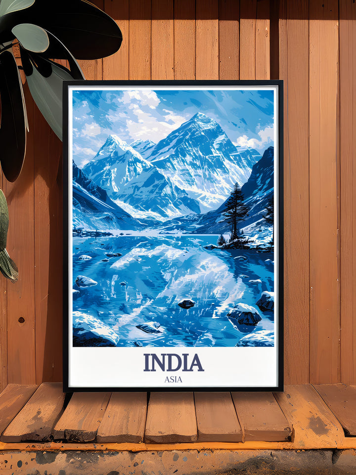 This vibrant travel poster features the Taj Mahal set against the backdrop of the Himalayas and Mount Everest. An ideal piece for art lovers, travelers, and history buffs looking to bring a slice of the worlds beauty into their space.