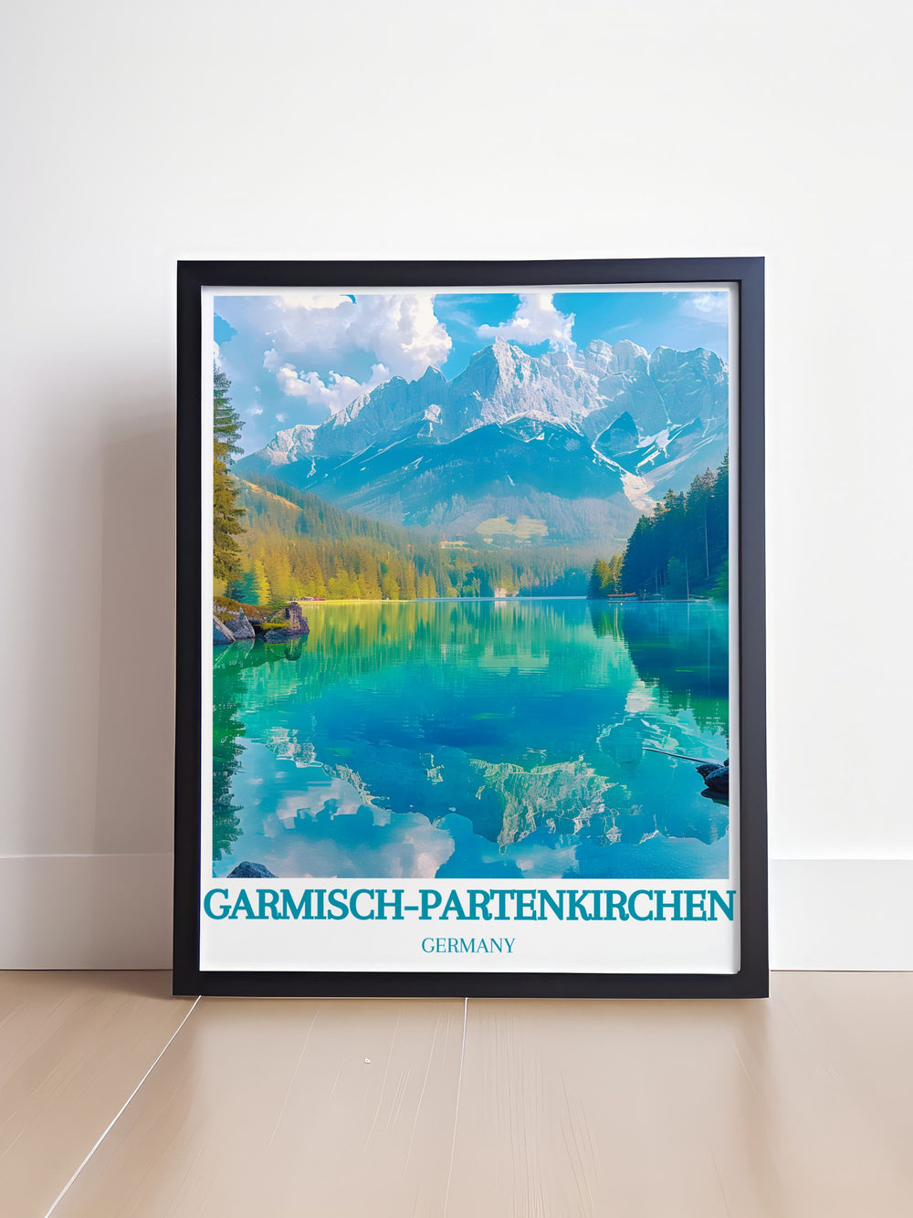 Canvas art depicting Eibsee, offering a serene view of the crystal clear waters and surrounding alpine scenery, making it an ideal piece for those who love the peaceful and majestic beauty of the Bavarian Alps.
