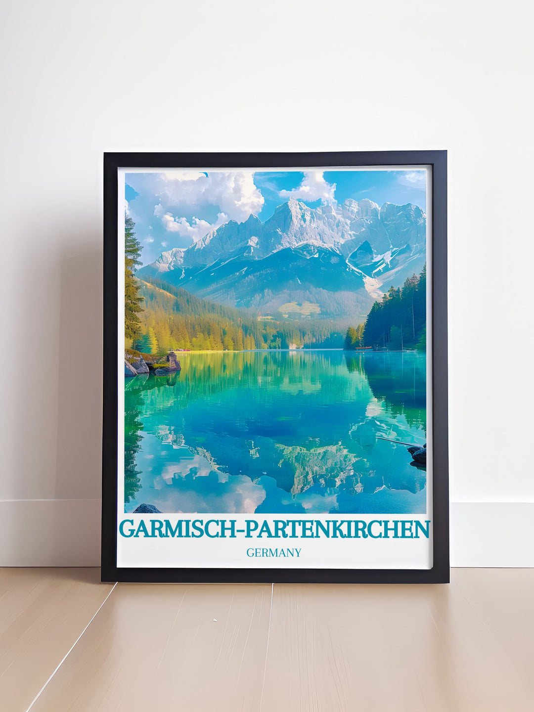 Canvas art depicting Eibsee, offering a serene view of the crystal clear waters and surrounding alpine scenery, making it an ideal piece for those who love the peaceful and majestic beauty of the Bavarian Alps.