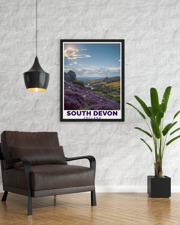 Dartmoor National Park Wall Art and South Devon Poster featuring beautiful scenery from this iconic UK destination. Ideal for modern decor and as a unique travel gift for birthdays or special occasions. Adds a touch of nature to living rooms and bedrooms.