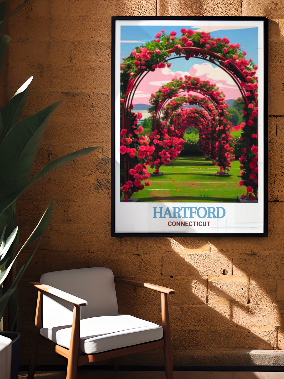 Elizabeth Park modern art print alongside a Hartford travel print featuring a vibrant street map. The colorful art brings Hartfords cityscape and natural beauty into your home creating an elegant wall art piece for gifts or personal decor.