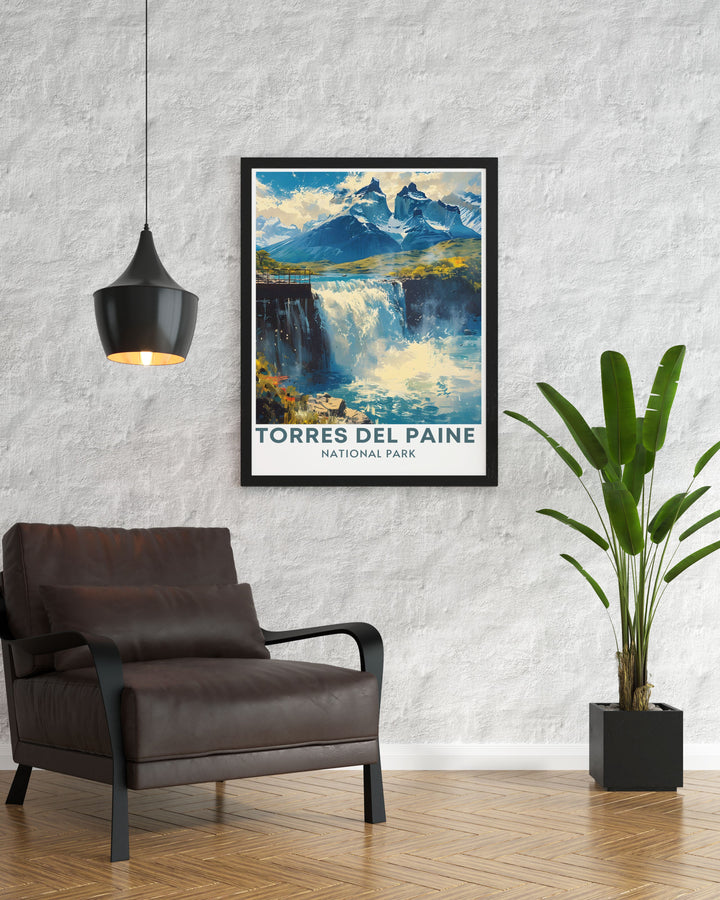 Salto Grande framed print showcasing the powerful beauty of Torres Del Paine National Park in Patagonia Chile. This Chile wall art is ideal for adding a touch of elegance and natural wonder to any room.