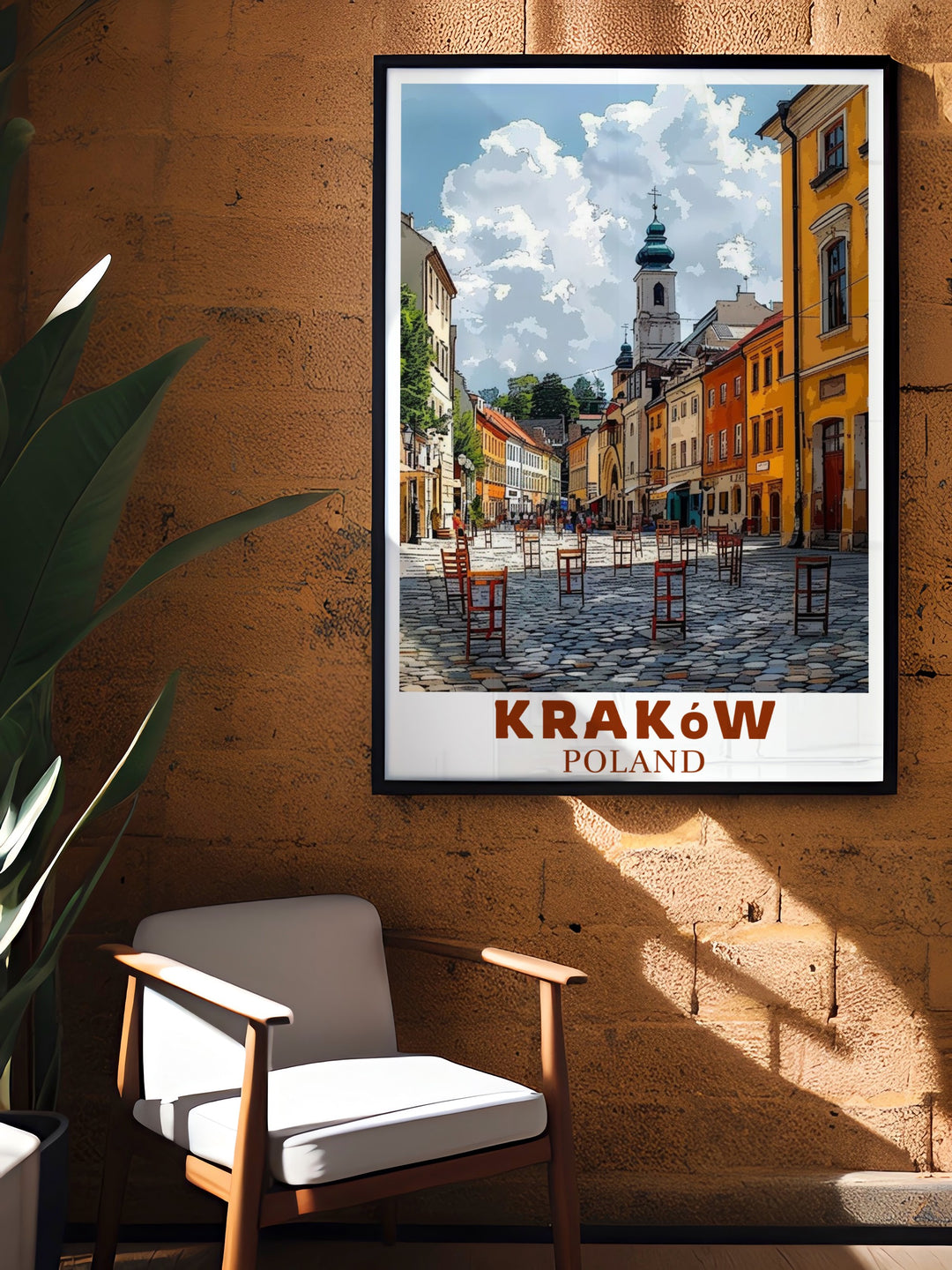 The charm of Krakows Jewish Quarter is captured in this stunning travel poster. The artwork showcases the rich history of the district, making it ideal for home décor or as a thoughtful gift for history lovers.