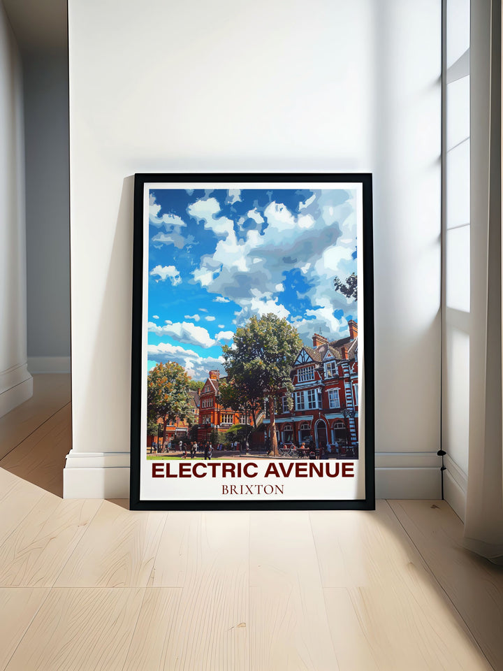 The dynamic scenes of Electric Avenue and Windrush Square are beautifully illustrated in this poster, celebrating the cultural and historical beauty of Brixton.