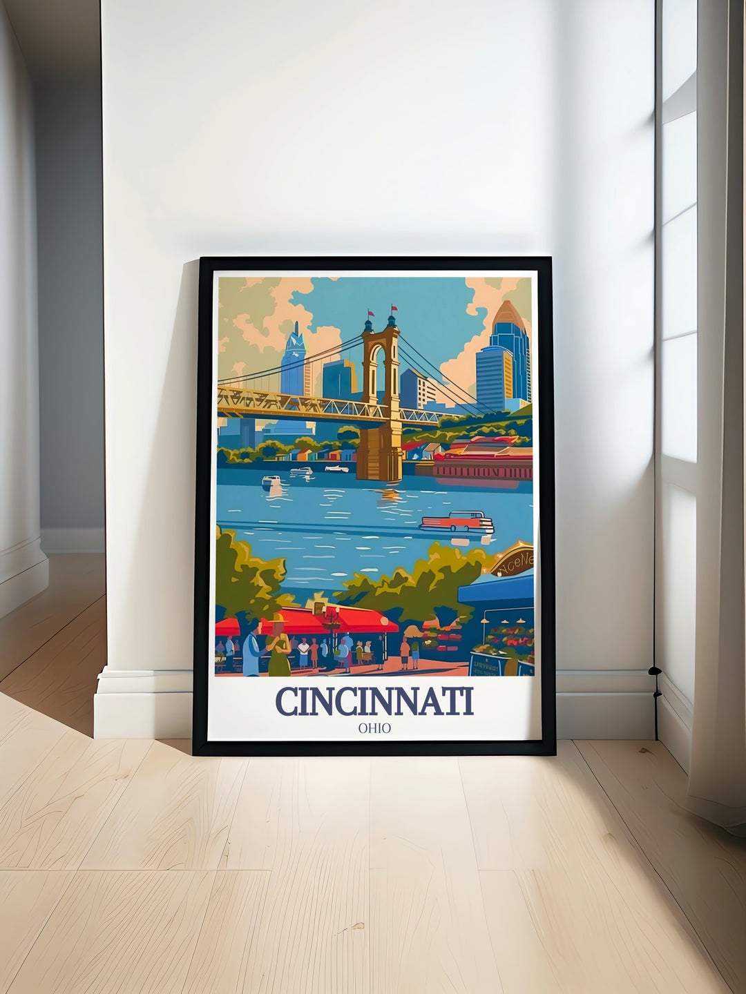 Cincinnati Art Print of Findlay Market and Ohio River showcasing iconic landmarks and city street maps in black and white fine line prints perfect for modern decor or special gifts like birthdays anniversaries or holidays such as Christmas Fathers Day or Mothers Day