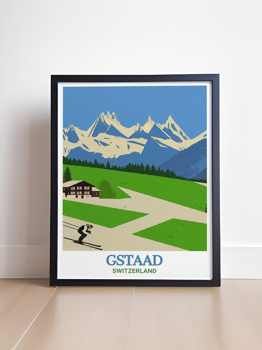 The Gstaad travel print captures the beauty of the Swiss Alps, offering a scenic view of one of Switzerlands most beloved destinations. The detailed print highlights the towns alpine architecture and surrounding peaks, creating a sense of wanderlust and inspiration. This travel print is ideal for anyone who loves Swiss travel or mountain landscapes.