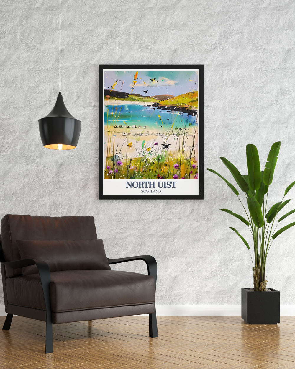 Celebrate Scotlands wild landscapes with this North Uist travel print. Perfect for framing, the artwork features the stunning Balranald Nature Reserve and Barpa Langass, making it an excellent piece of wall art for any home or office in need of a touch of natures beauty.