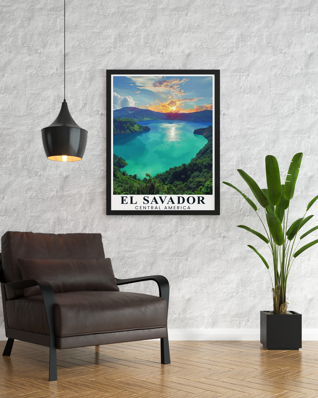 This travel poster of El Salvador captures the peaceful beauty of Lake Coatepeque, with its clear blue waters and picturesque mountains. The detailed artwork brings the charm of this Central American destination into your home, perfect for lovers of travel and nature.