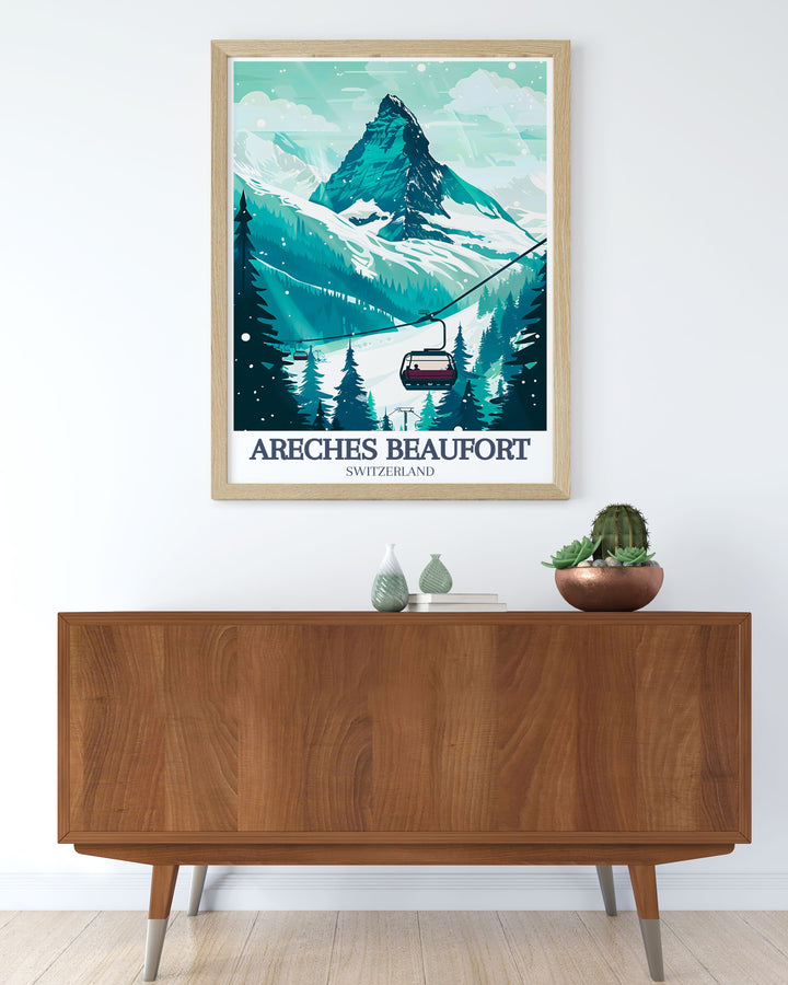 Areches Beaufort Travel Poster featuring Pierra Menta Cuvy Chairlift is a stunning vintage skiing print that captures the iconic beauty of the French Alps Ideal for adding style and alpine charm to any home decor or art collection