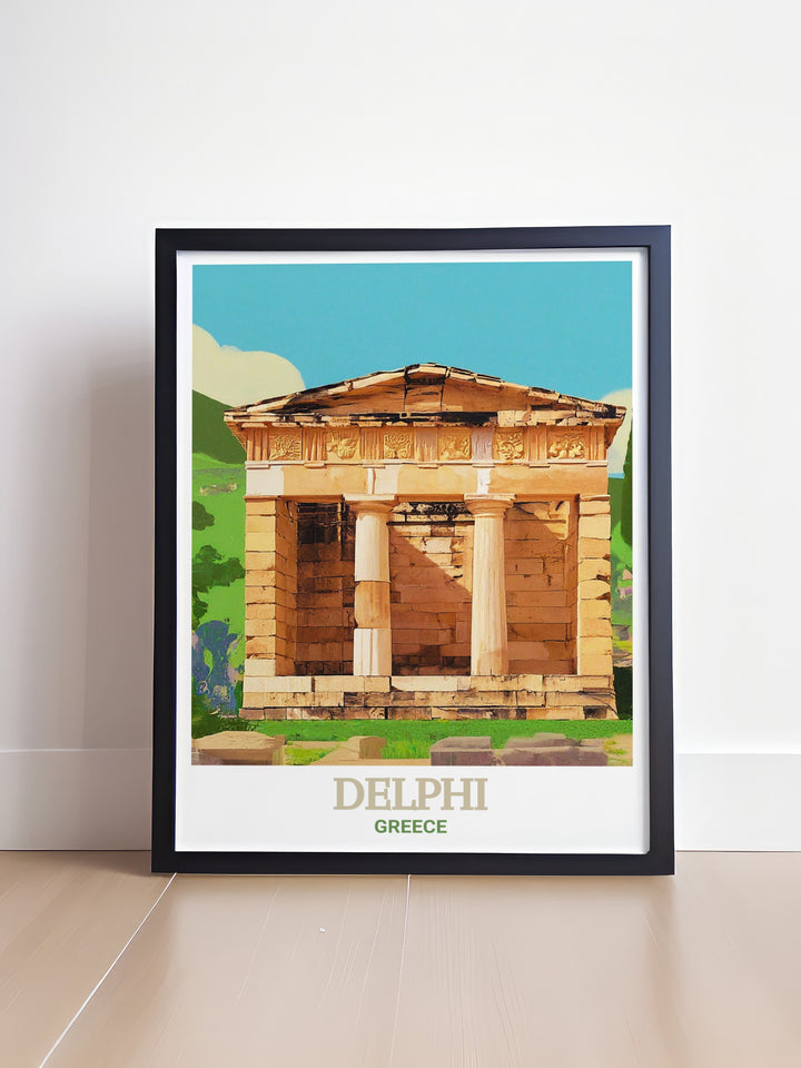 Delphi Greece art print capturing the timeless beauty of one of the most important sites in ancient Greek history. This travel poster brings the mystique of Delphi into your home decor, offering a window into the spiritual heart of ancient Greece.