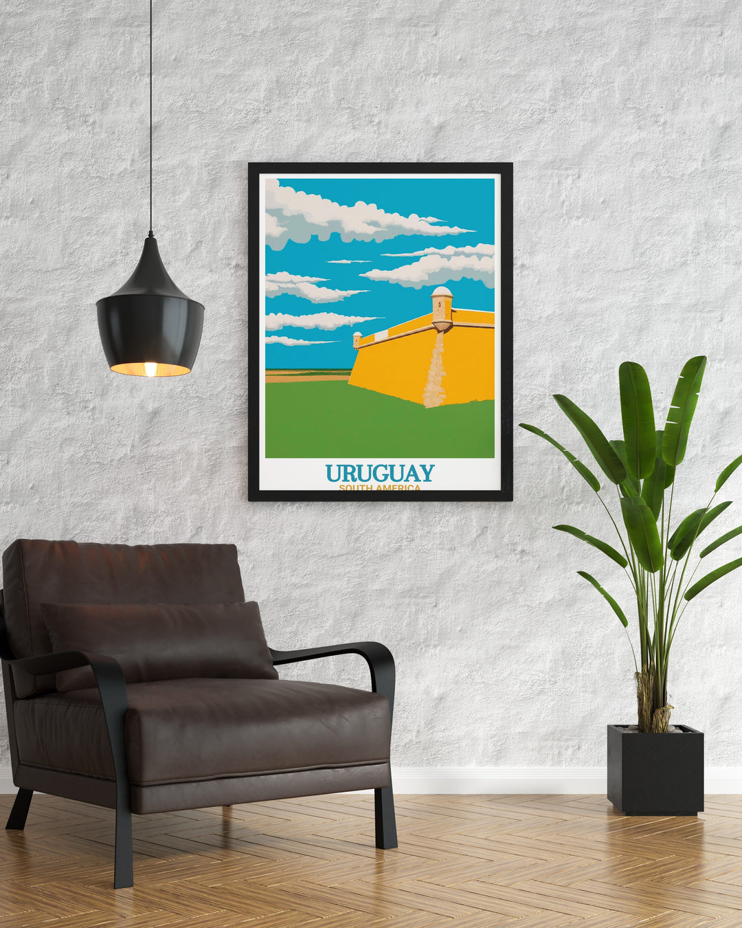 Uruguay print featuring the vibrant city life of Montevideo and the historic charm of Fortress of Santa Teresa modern decor perfect for enhancing any room with a touch of South American flair and cultural richness.