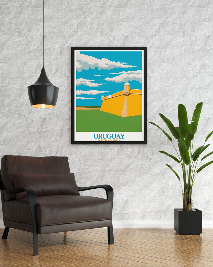 Uruguay print featuring the vibrant city life of Montevideo and the historic charm of Fortress of Santa Teresa modern decor perfect for enhancing any room with a touch of South American flair and cultural richness.