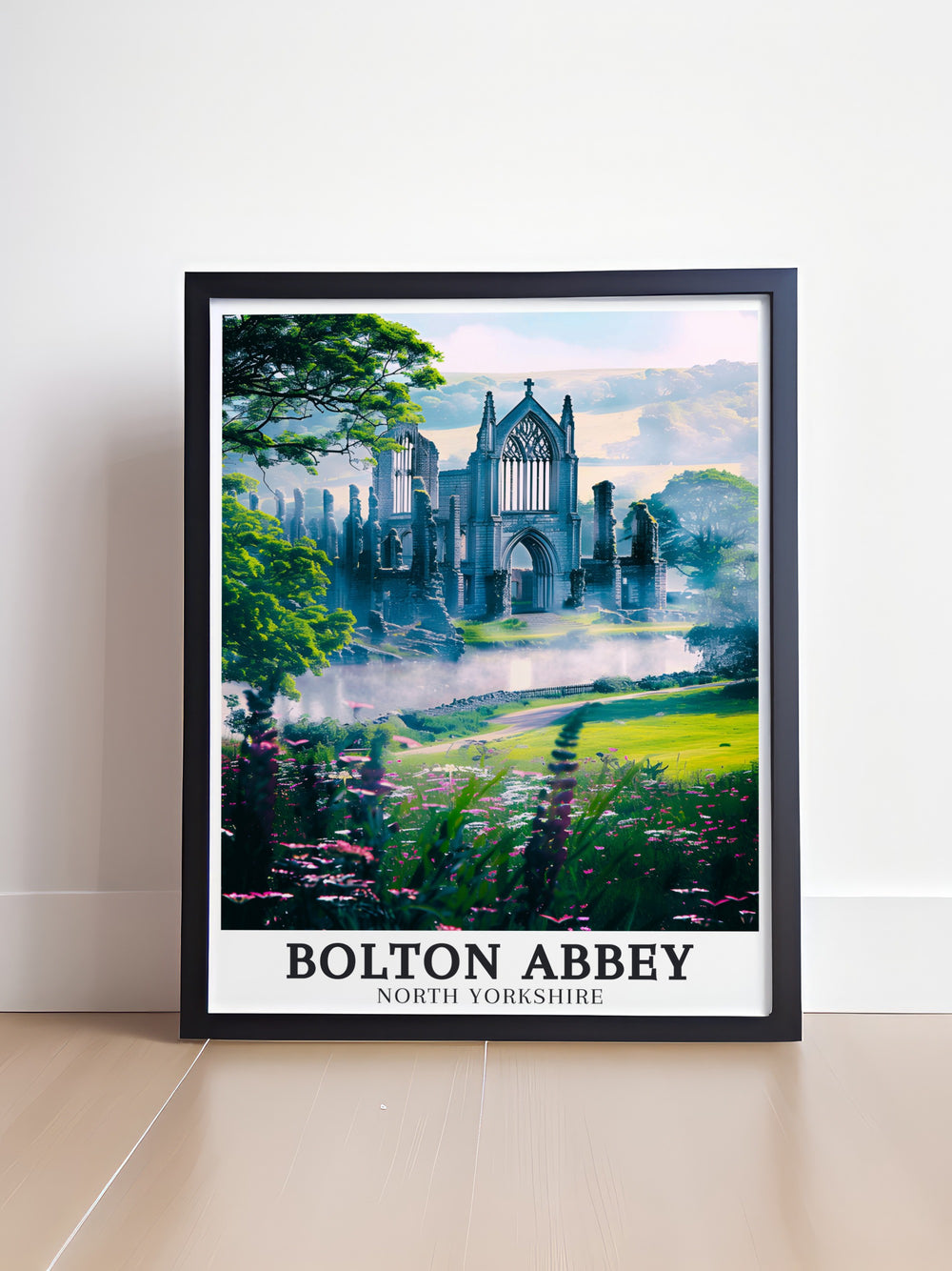 Capture the majestic ruins of Bolton Abbey in this beautifully detailed art print. The serene River Wharfe flows by the abbey, adding to the tranquil atmosphere of Yorkshires landscapes. Ideal for bringing a piece of Englands rich history and natural beauty into your home