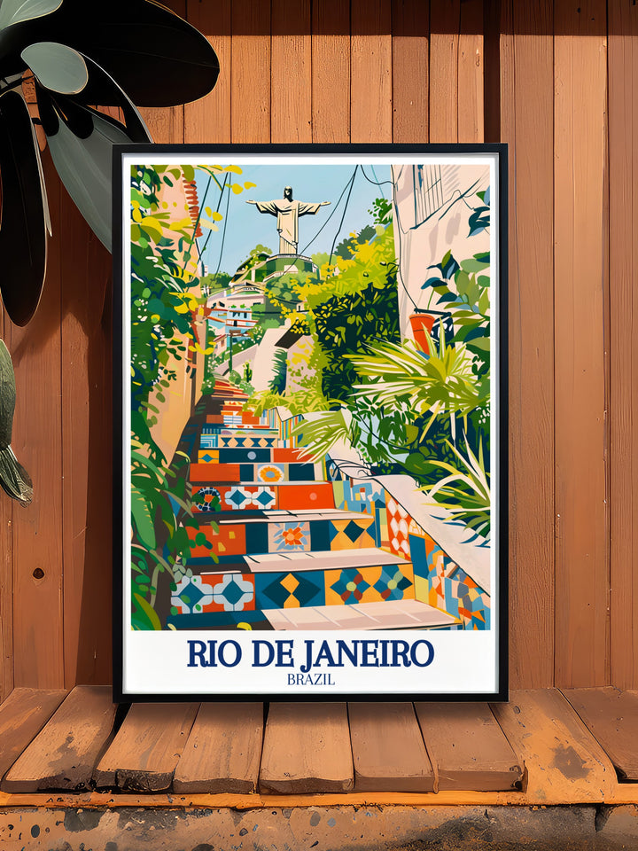 Rio wall print featuring the lively streets, artistic landmarks, and breathtaking views that make this city so beloved. This travel poster is a great addition to any art collection, celebrating the culture and beauty of Rio.