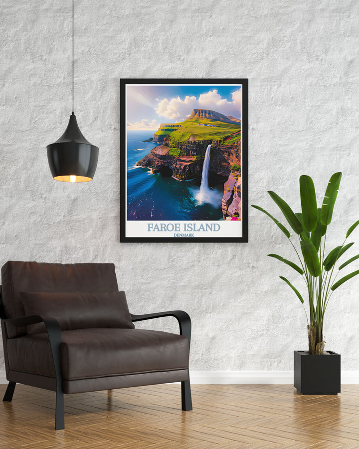 This Faroe Islands travel poster features the stunning Múlafossur Waterfall and its picturesque surroundings, making it an ideal piece for those who love exploring Denmarks natural landscapes.