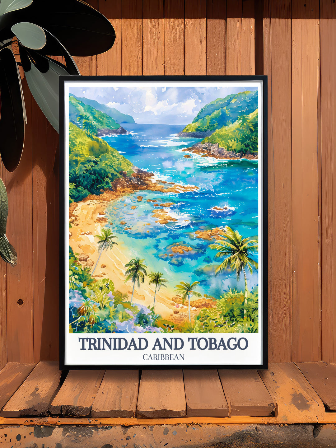 This travel poster highlights the stunning Maracas Bay and the tranquil waters of the Nylon Pool, two of Trinidad and Tobagos most famous natural attractions. A beautiful piece for your home or office, this framed print celebrates the Caribbeans unmatched beauty.