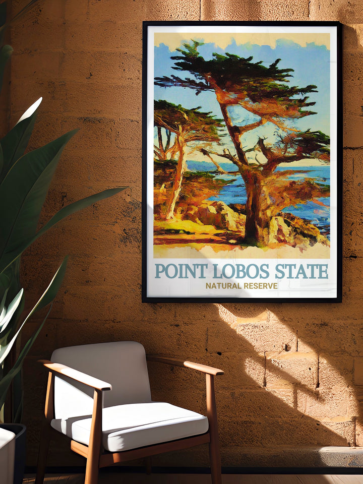 Cypress Grove Trail travel poster capturing the rugged beauty and peaceful atmosphere of Point Lobos State Natural Reserve. Perfect for adding a touch of Californias coastal charm to any room, this wall art celebrates the natural splendor of one of the states most beloved landmarks.