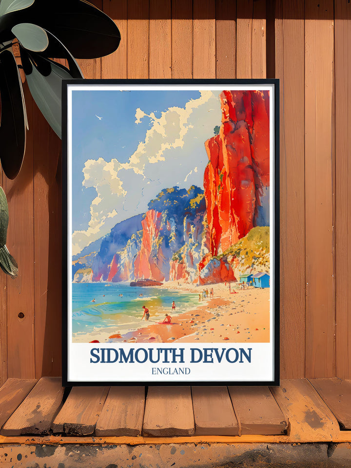 This vintage inspired poster of the Jurassic Coast captures the majestic and ancient beauty of Sidmouths coastline, offering a glimpse into one of Englands most picturesque seaside destinations.