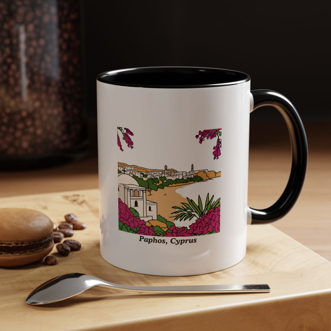 A premium-quality Paphos Cyprus Mug featuring intricate designs reflecting the charm of Paphos's historic landmarks and coastal scenery. Dishwasher and microwave safe, this ceramic mug is ideal for daily use or gifting to travelers.