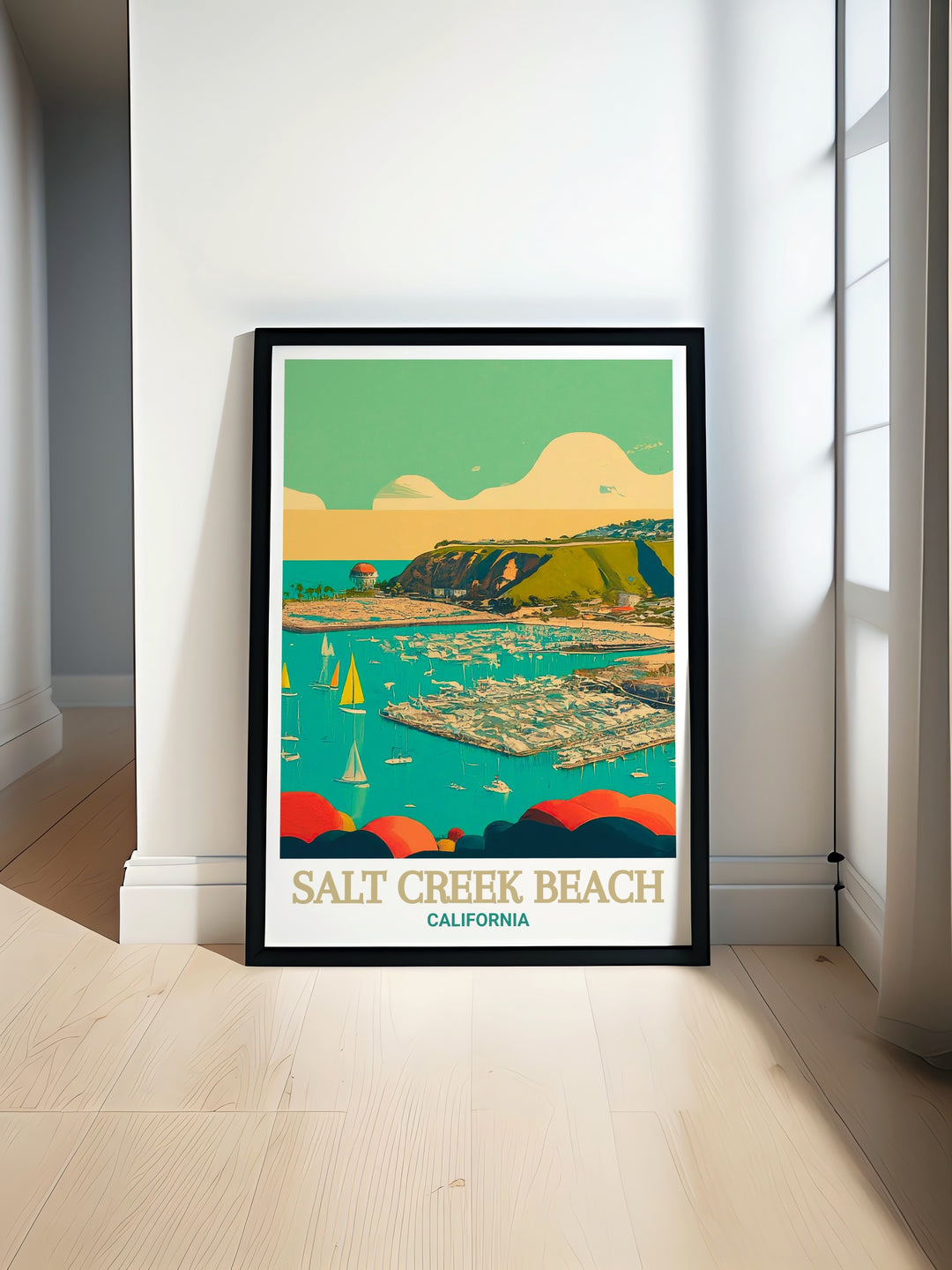 The natural beauty of Salt Creek Beach and Dana Point Harbor is captured in this stunning print, making it a perfect addition to any room. The artworks detailed depiction of the coastline brings a piece of Californias charm into your home.