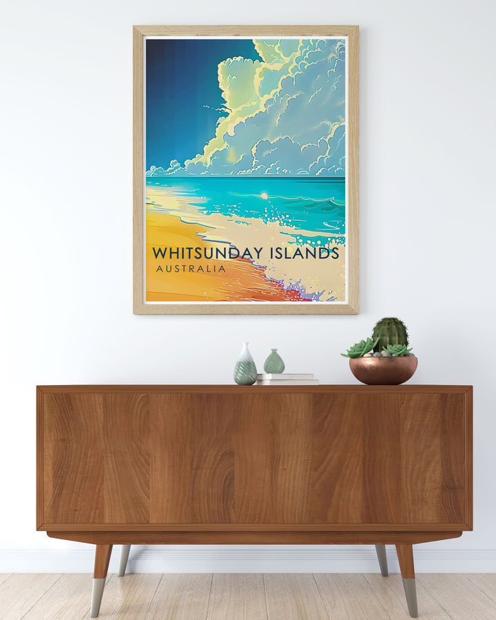 Whitehaven Beach artwork highlighting the vivid colors and natural beauty of Australias white sands and turquoise waters ideal for creating a tranquil and sophisticated home environment