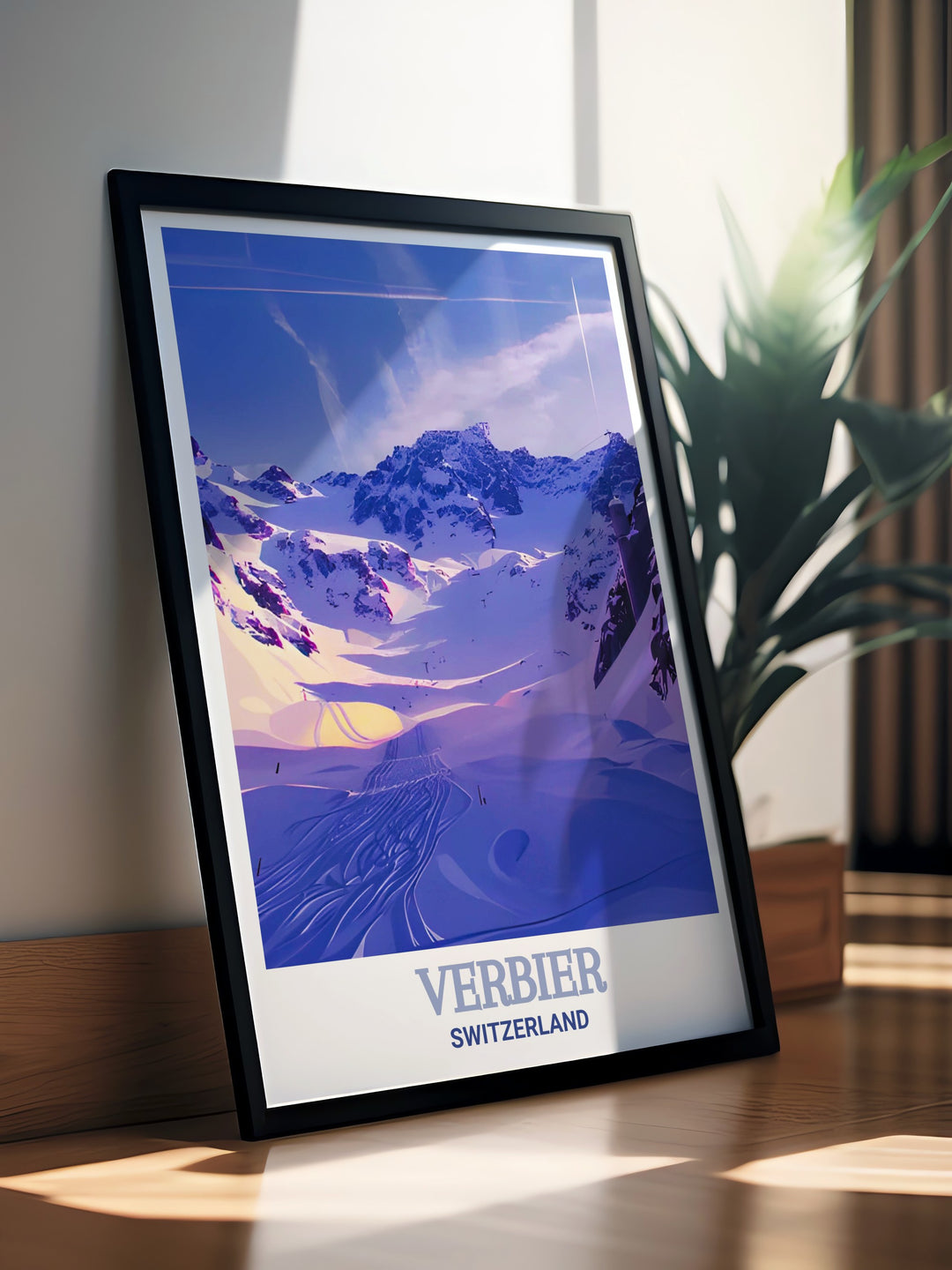 This vintage ski poster of Verbiers Mont Fort highlights the serene yet exhilarating experience of the Swiss Alps. Perfect for winter sports lovers, this travel print makes a stunning addition to any home or office, capturing the beauty of Verbier.