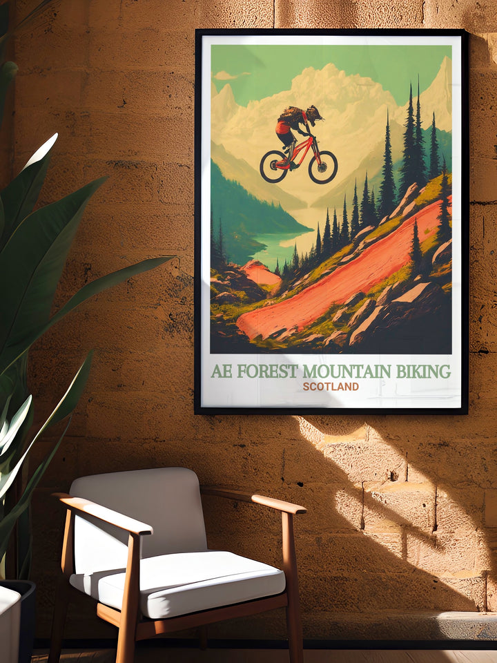 A travel print highlighting Ae Forests Skills Area, known for challenging mountain bikers and offering a unique experience in Scotland. This art piece reflects the rugged beauty and excitement of the forest trails.