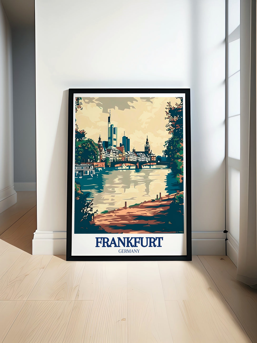 The iconic Eiserner Steg footbridge spans the River Main in this detailed art print, showcasing Frankfurts architectural elegance. The print captures the bridges historic significance and the serene beauty of the river, making it an ideal piece for those who appreciate the charm of German cities. This artwork brings a piece of Frankfurt into your space.