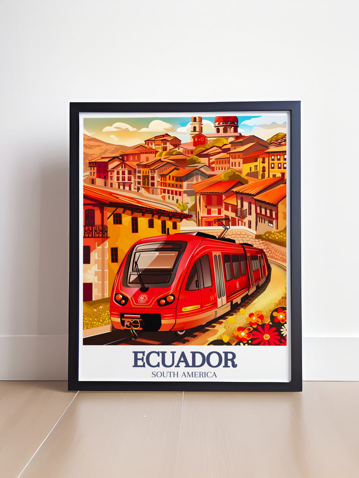 The Cuenca Tram Wall Poster captures Ecuadors blend of modernity and tradition, with its depiction of the citys famous tram against the backdrop of its historic streets. Perfect for anyone who loves travel inspired art, this piece brings Ecuadors unique charm into focus.