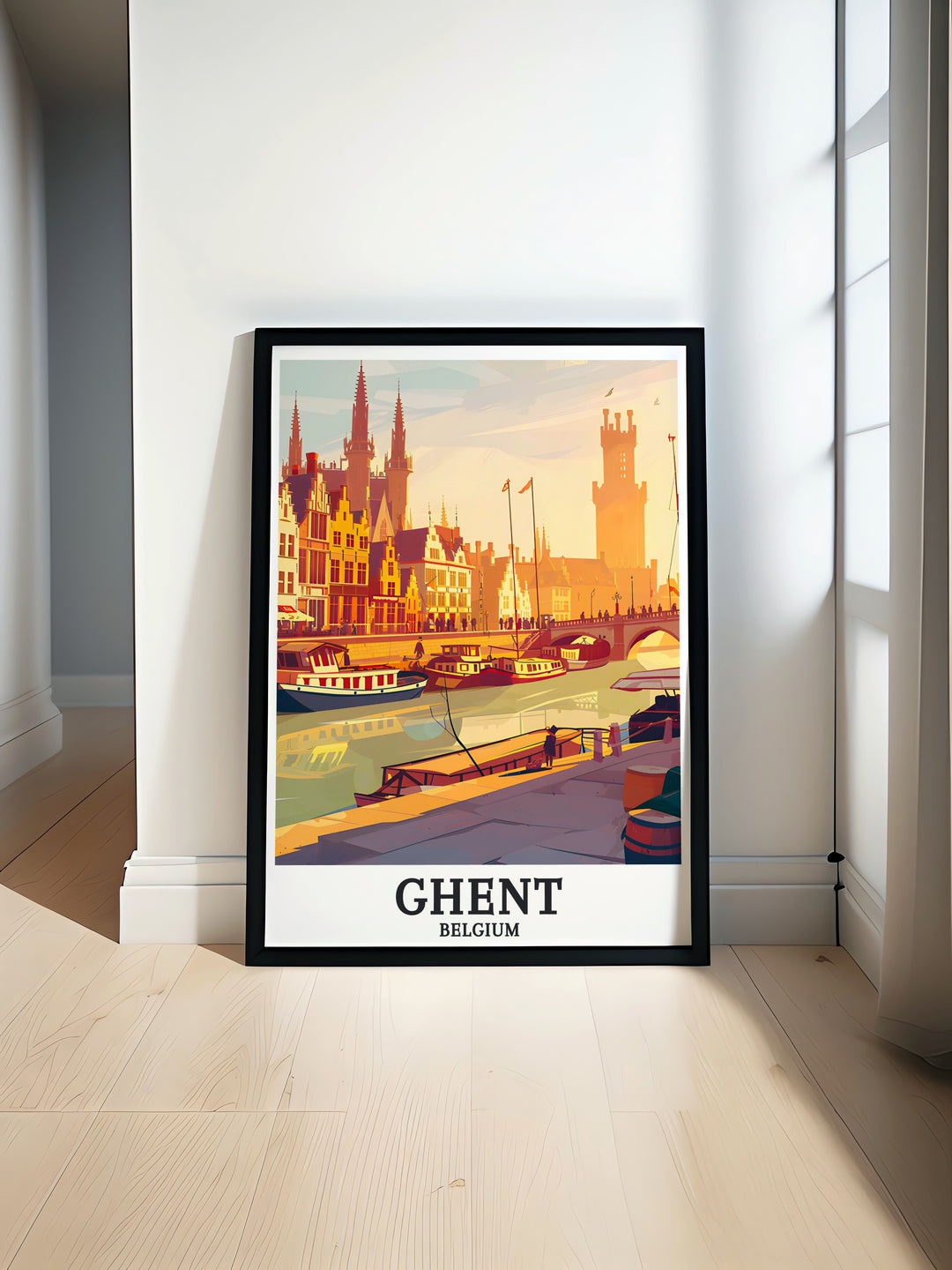 Ghent poster featuring Saint Bavo Cathedral captures the beauty of Belgium travel art perfect for living room decor and wall art