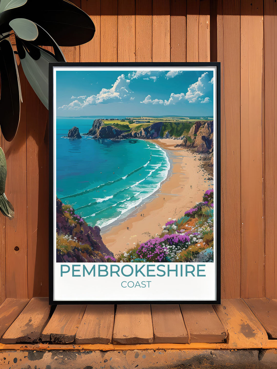 Welsh travel poster of Barafundle Bay showcasing the pristine beaches and dramatic cliffs of Pembrokeshire Coast National Park a perfect addition to your bucket list prints and a wonderful gift for travelers and adventurers.