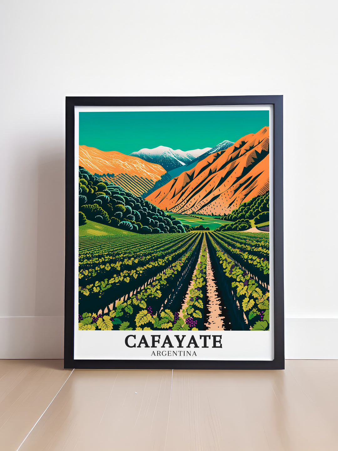 Cuesta del Obispo Travel Print celebrates the natural beauty of Argentinas Cafayate region, highlighting the famous wine tour and stunning mountain views. This travel print adds a unique and elegant touch to any home décor.