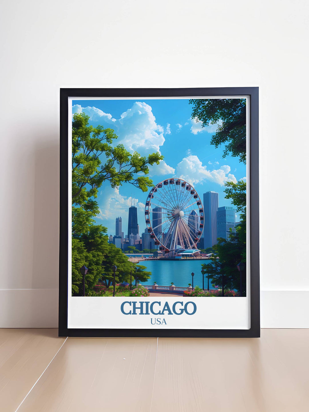 Navy Pier travel poster capturing the essence of Chicagos famous waterfront destination. Ideal for adding a touch of urban sophistication to your living space or office. This vintage print is a must have for anyone who loves Chicago.