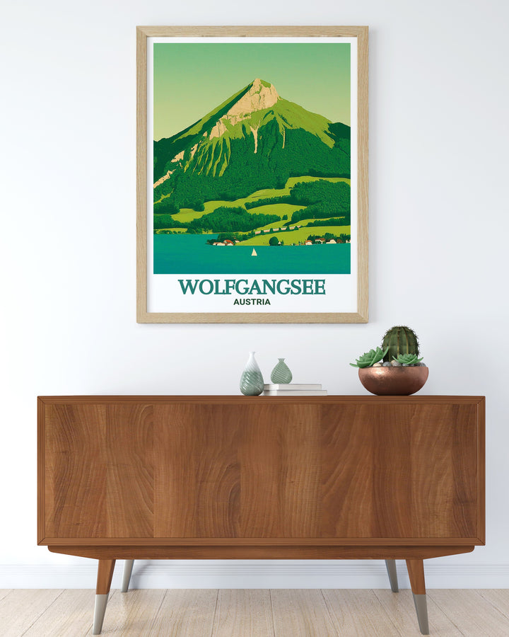 Schafberg Mountain art print showcasing the majestic peaks and lush greenery. This fine line print highlights the rugged beauty of Schafberg Mountain, bringing a touch of Austrias wilderness into your living space. Perfect for enhancing your home with scenic art.