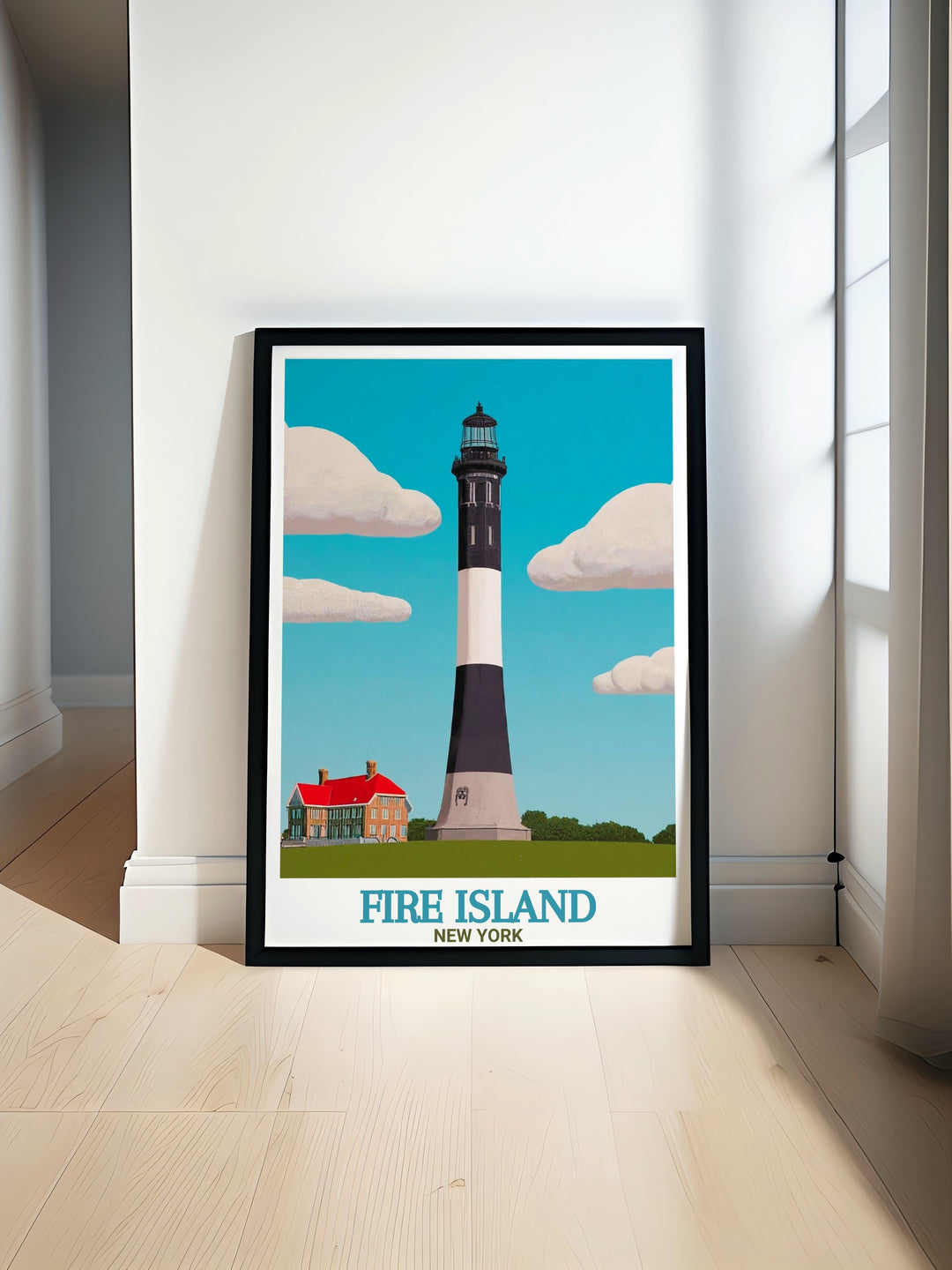 Fire Island Lighthouse travel print captures the historic beauty of this iconic landmark, set against the tranquil backdrop of New Yorks coastal landscape. This New York canvas art brings the serenity of Fire Island into your home, perfect for nature lovers and maritime enthusiasts.