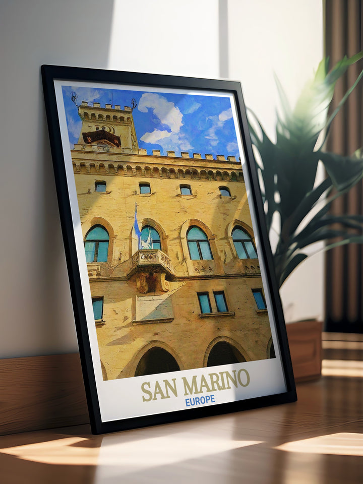 This beautiful San Marino wall art showcases the Palazzo Pubblico, known for its rich historical importance in the Republic of San Marino. The print captures the architectural details and scenic surroundings, making it a perfect gift for lovers of history and travel.