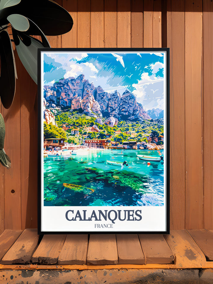 France travel poster featuring Calanque dEnVau and Calanque de Sormiou offers a serene and calming vibe perfect for enhancing your living room decor with the natural beauty of the Mediterranean coastline of southern France.