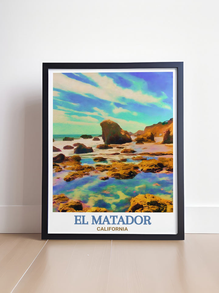 El Matador Poster Print captures the stunning views of El Matador Beach in California, featuring its dramatic cliffs and tranquil tide pools. Perfect for adding a touch of coastal beauty to your home, this travel print is ideal for beach lovers and adventurers alike.