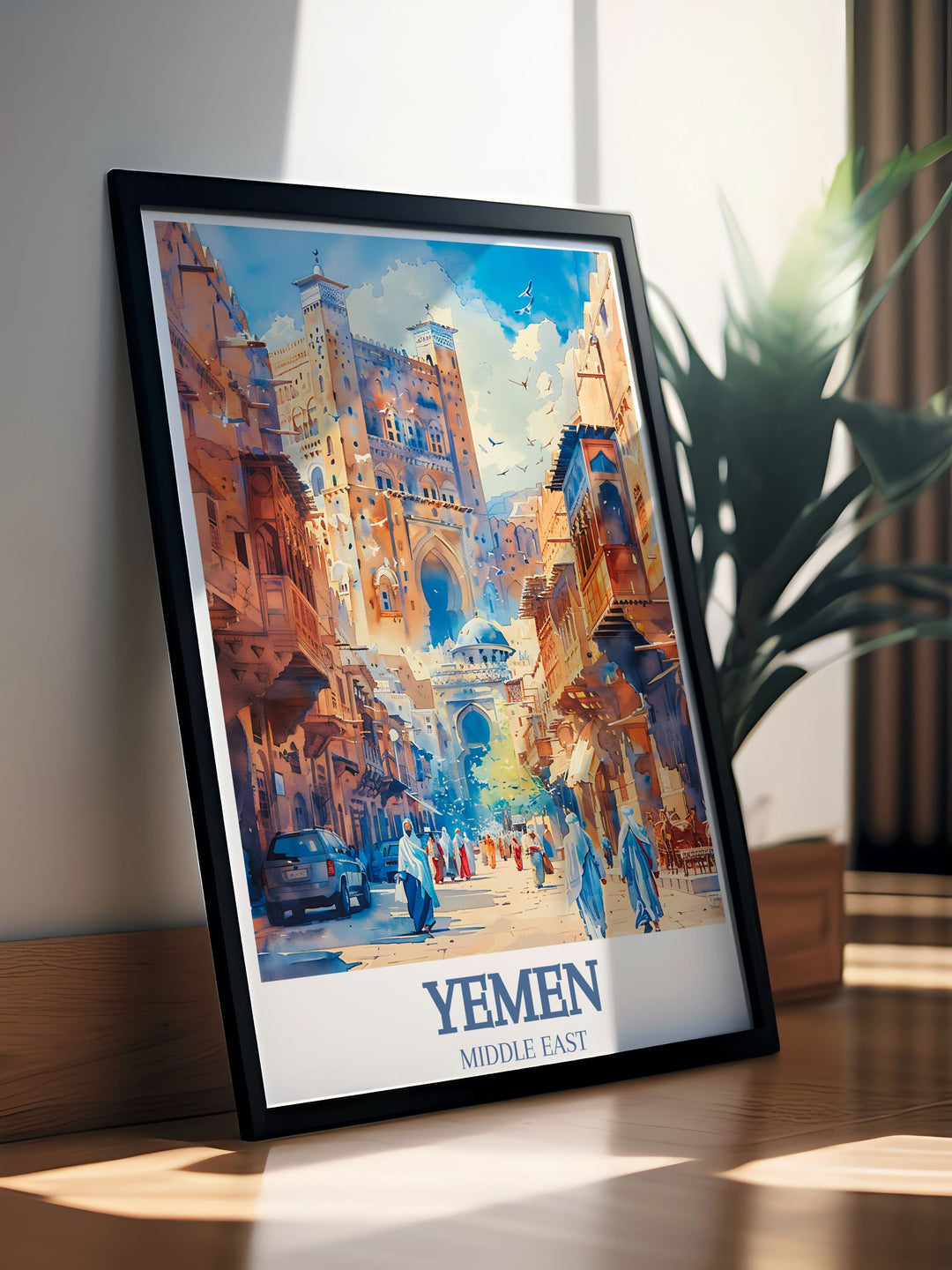 Stunning Yemen Art Print with detailed depictions of Sanaas Al Jami al Kabir mosque and Bab Al Yaman a perfect piece for travel poster collectors and home decorators