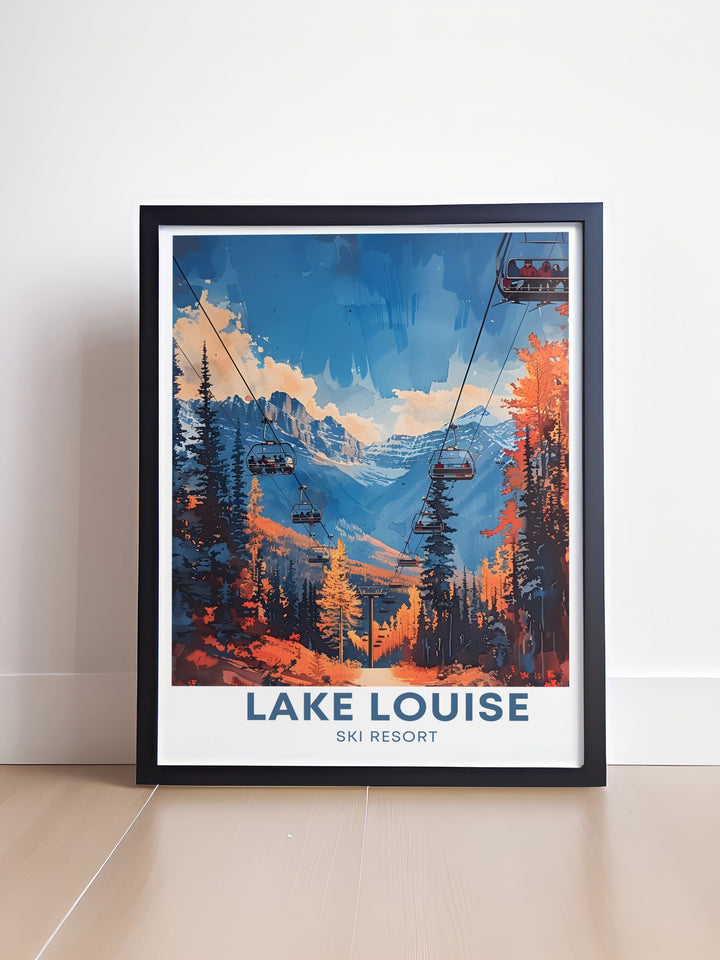 The Top of the World Express lift at Lake Louise Ski Resort offers skiers unparalleled access to higher terrains, providing breathtaking views and thrilling slopes. This travel poster captures the grandeur of the lift and the snowy peaks it reaches.