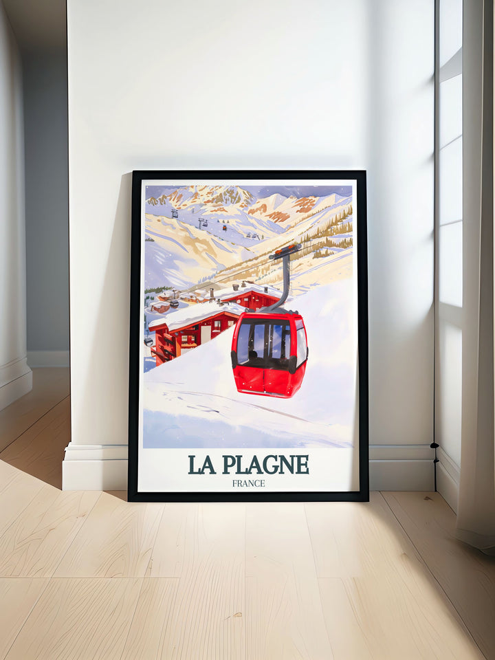 Vanoise Express Montchavin Les Coches are highlighted in this La Plagne Wall Art. A perfect choice for decorating your home with a love of skiing or French alpine scenery this print adds sophistication and adventure to any room.