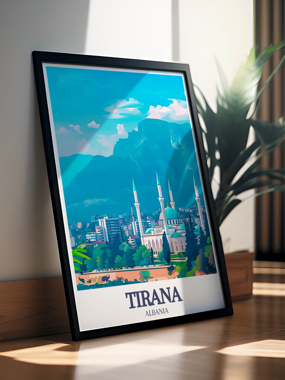 Stunning Tirana Poster depicting Namazgah Mosque Balkan Area a beautiful addition to any home decor combining the charm of a vintage poster with contemporary design ideal for art lovers looking to bring a piece of Albania into their living space