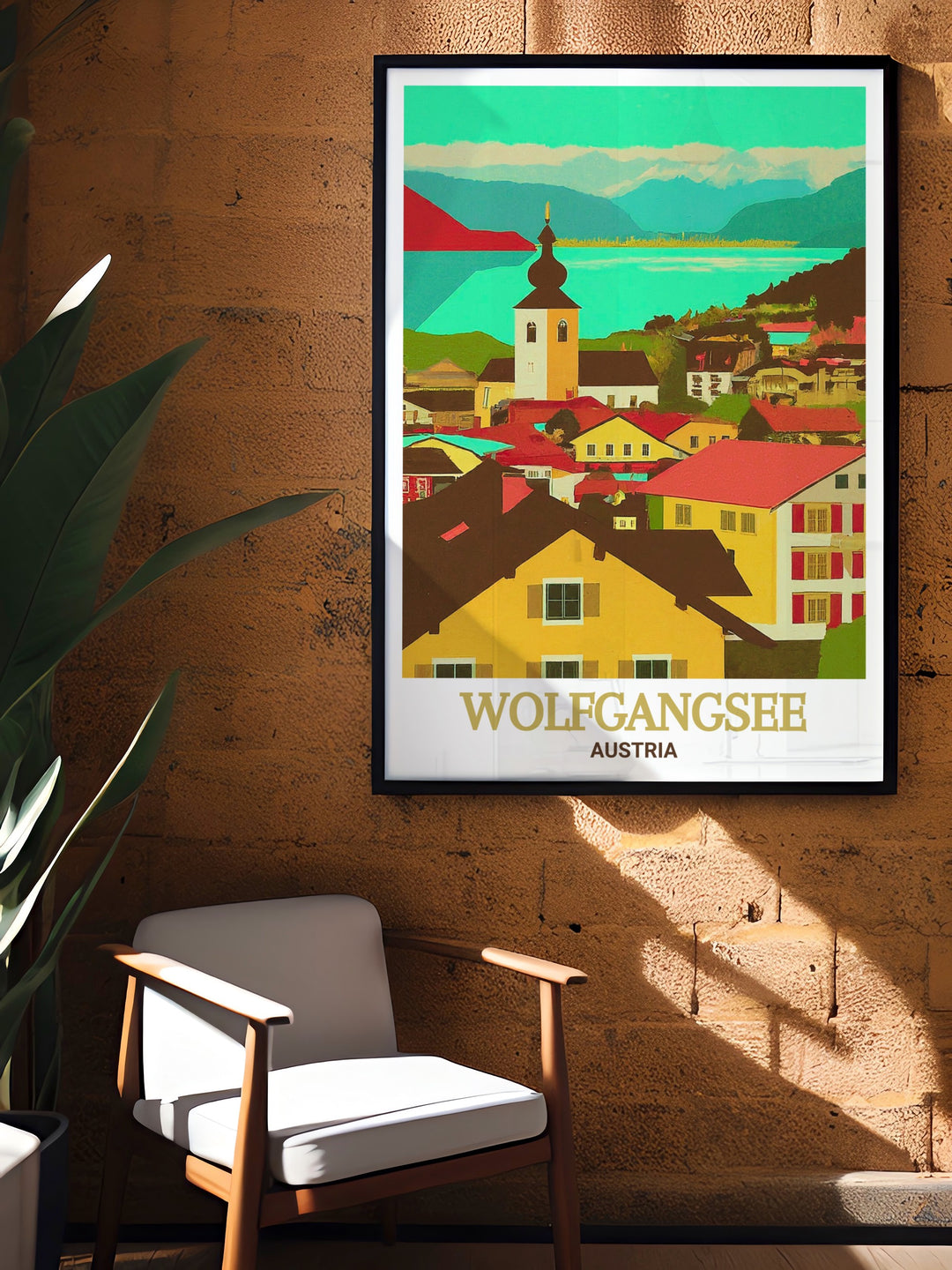 Wolfgangsee travel print featuring the serene lake and surrounding mountains. This detailed illustration captures the natural beauty of Wolfgangsee, making it a perfect addition to any nature lovers home decor. Ideal for those who appreciate Austrias stunning landscapes.